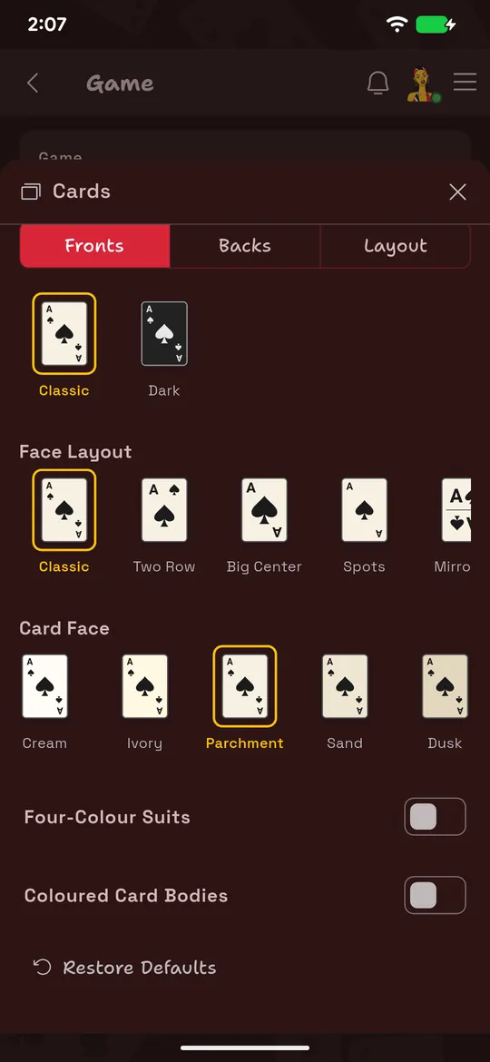 The HangJack card appearance settings