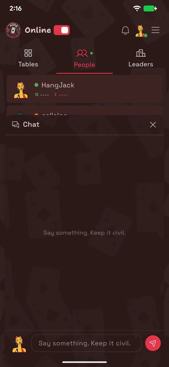 The HangJack lobby chat