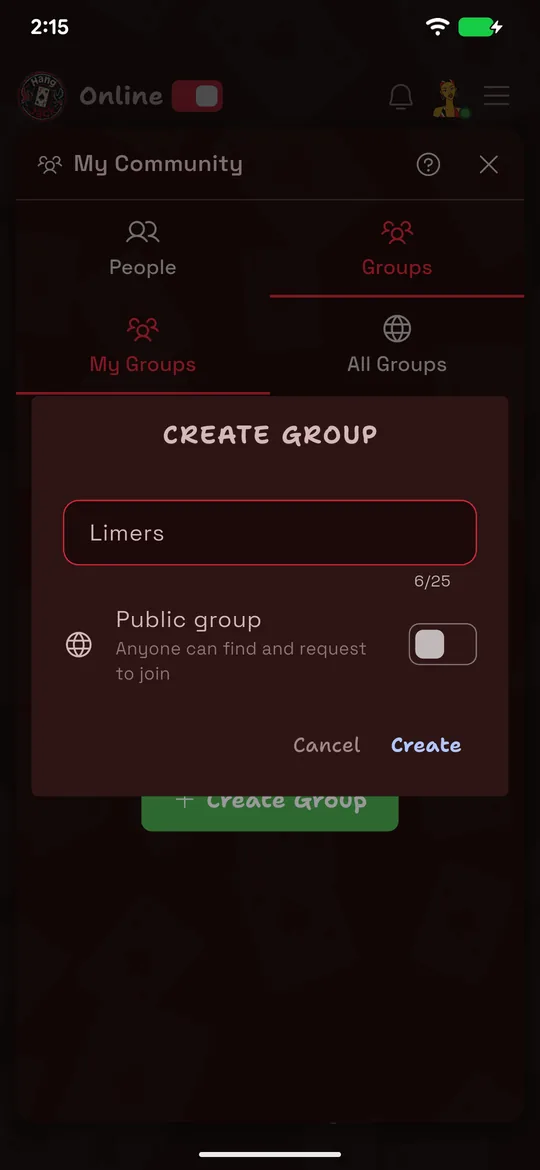 The HangJack Create Group dialog