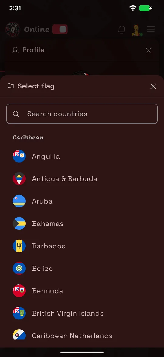 The HangJack flag picker showing Caribbean countries