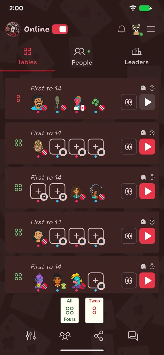 The HangJack lobby showing the Tables tab