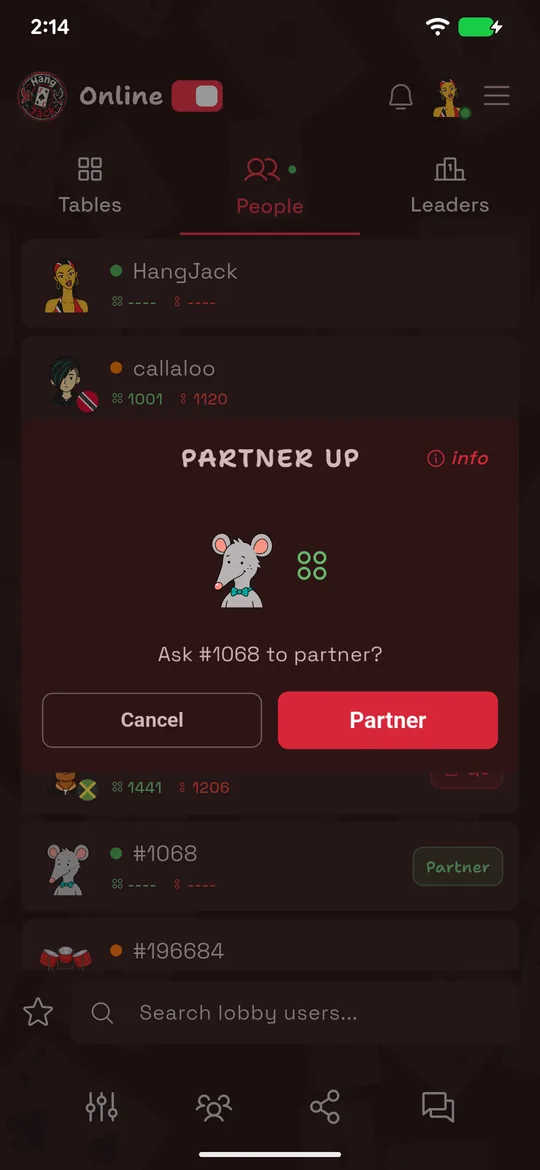 HangJack Partner Up dialog on the People tab