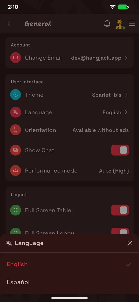 The HangJack language picker showing English and Español