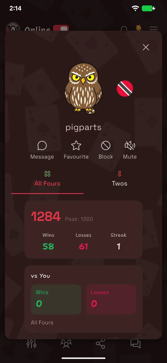 HangJack player profile with friend and favourite controls