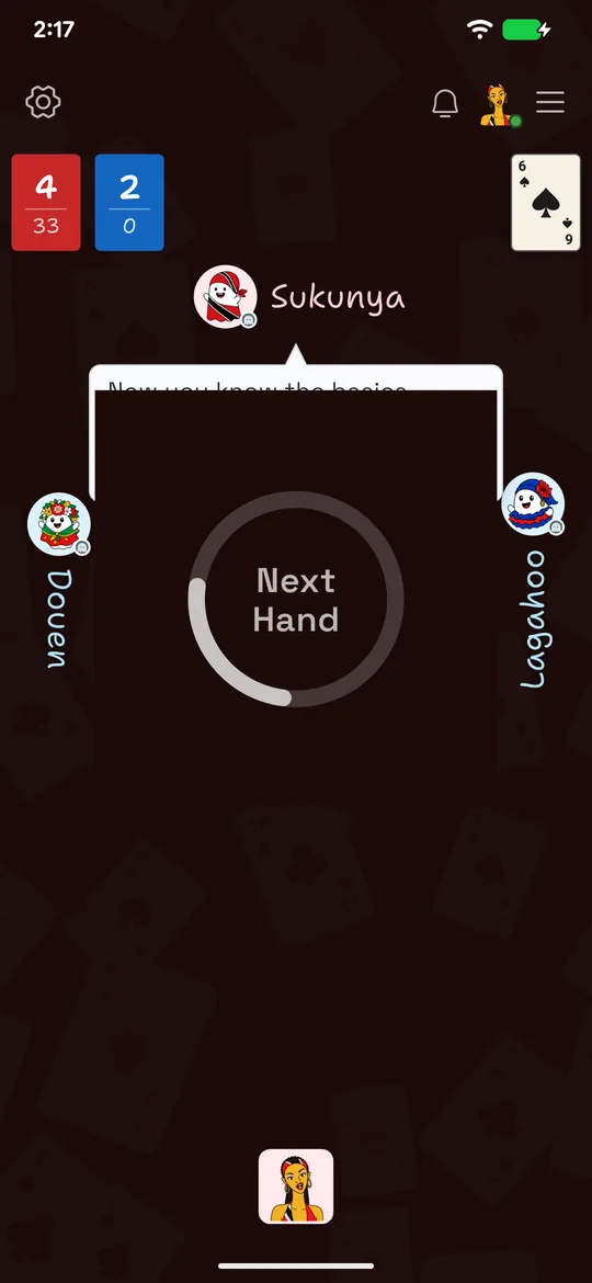 A guided HangJack practice hand with a coaching prompt