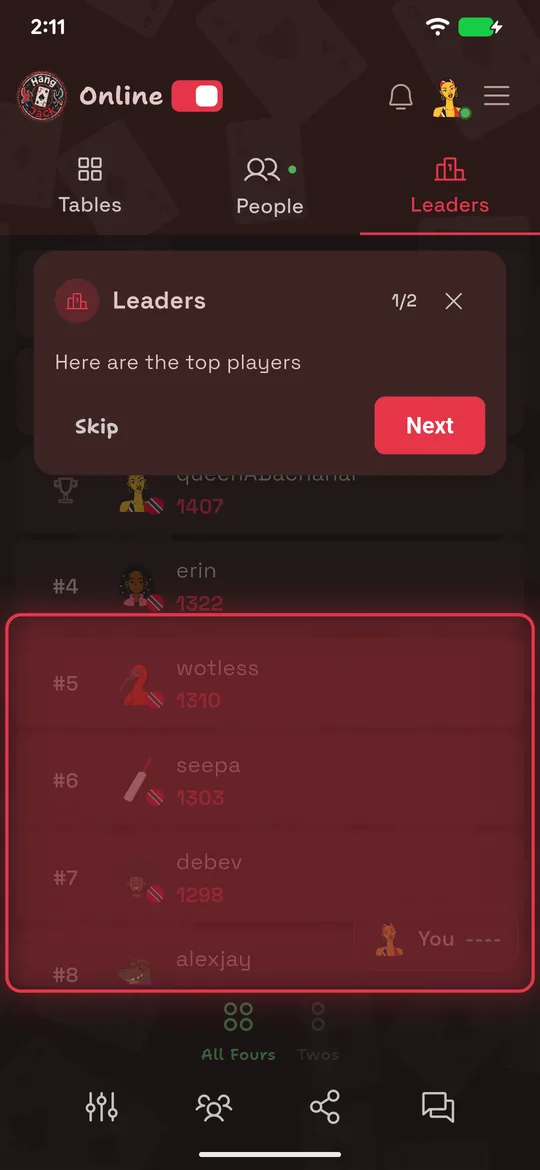 The HangJack onboarding tour highlighting the leaderboard